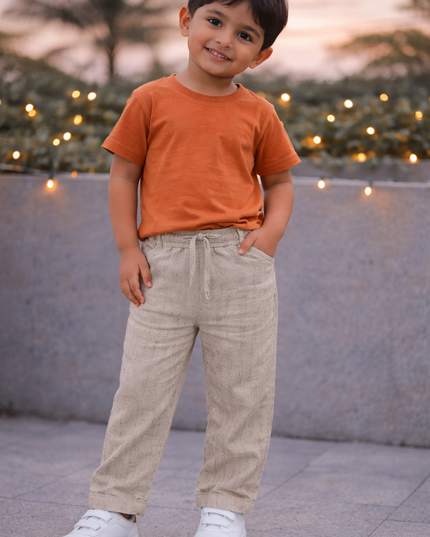 Kids Beige Cotton Pants with Elastic Waist | Comfortable Casual Trousers for Boys | He & She