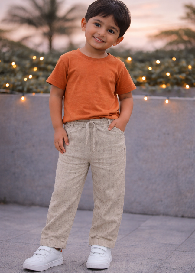 Kids Beige Cotton Pants with Elastic Waist | Comfortable Casual Trousers for Boys | He & She