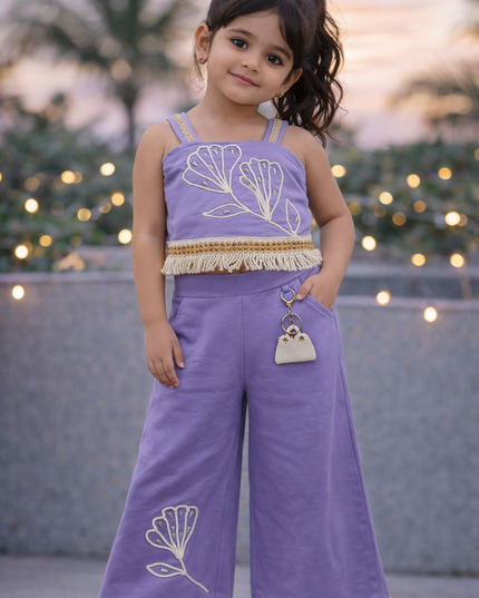 Girls Lavender Embroidered Co-ord Set with Crop Top & Palazzo Pants | Stylish Kids Outfit | He & She