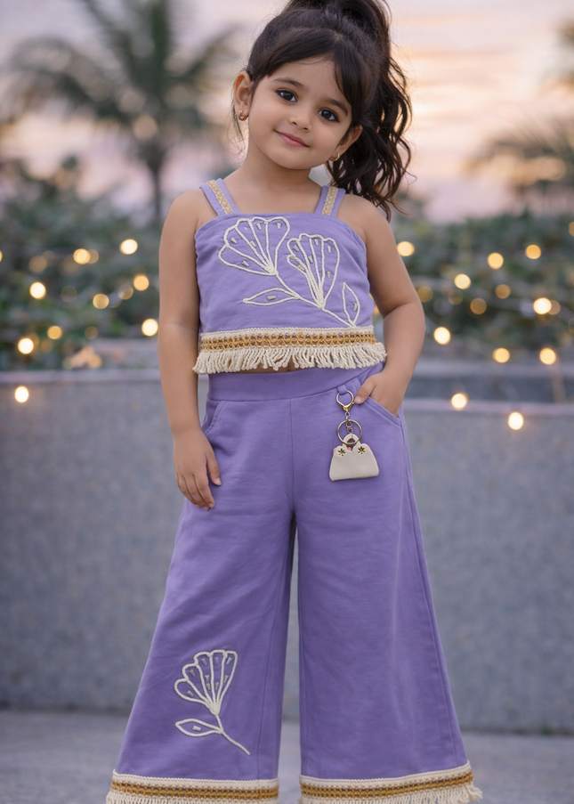 Girls Lavender Embroidered Co-ord Set with Crop Top & Palazzo Pants | Stylish Kids Outfit | He & She