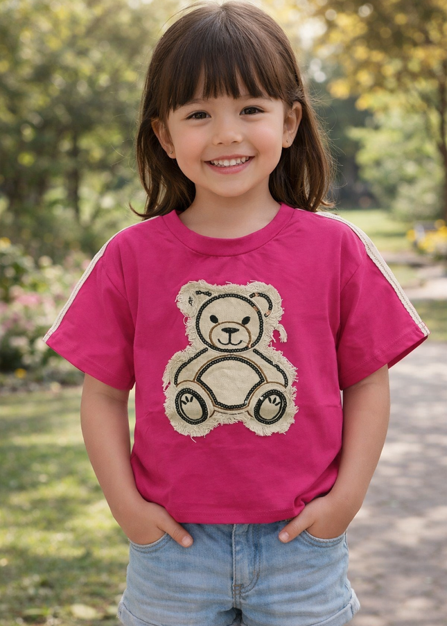 Girls Pink Teddy Bear Applique Crop Top – Cute Short Sleeve Cotton Tee
