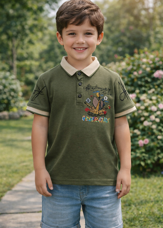 Boys Olive Green Printed Polo T-Shirt with Back Print | Kids Casual Wear