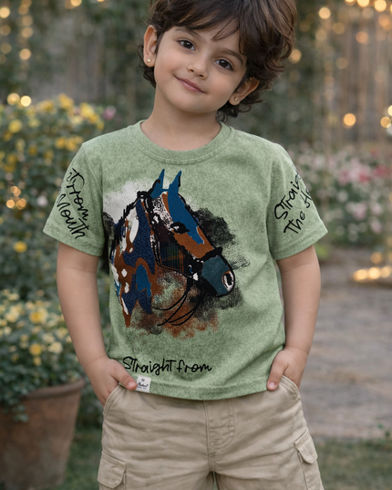 Boys Green Printed T-Shirt with Horse Graphic | Half Sleeve Kids Casual Wear – He & She