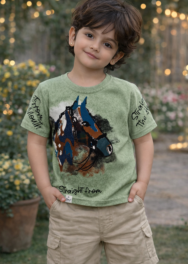 Boys Green Printed T-Shirt with Horse Graphic | Half Sleeve Kids Casual Wear – He & She
