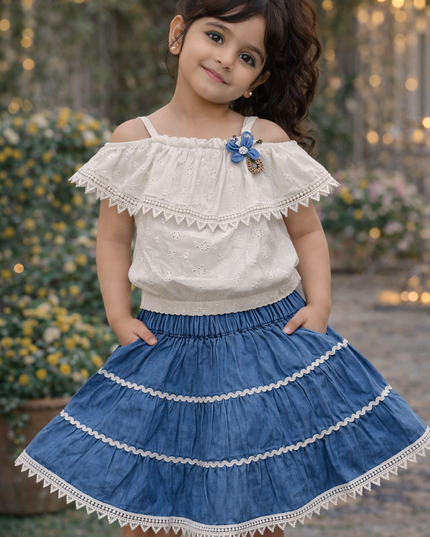 He & She Girls White Embroidered Top with Blue Skirt Set – Stylish Kids Co-Ord Outfit