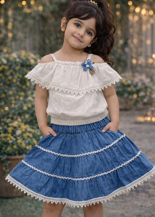 He & She Girls White Embroidered Top with Blue Skirt Set – Stylish Kids Co-Ord Outfit