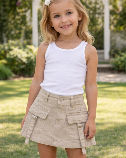Girls Beige Cargo Skort with Belt Detail | A-Line Utility Skirt Shorts – He & She
