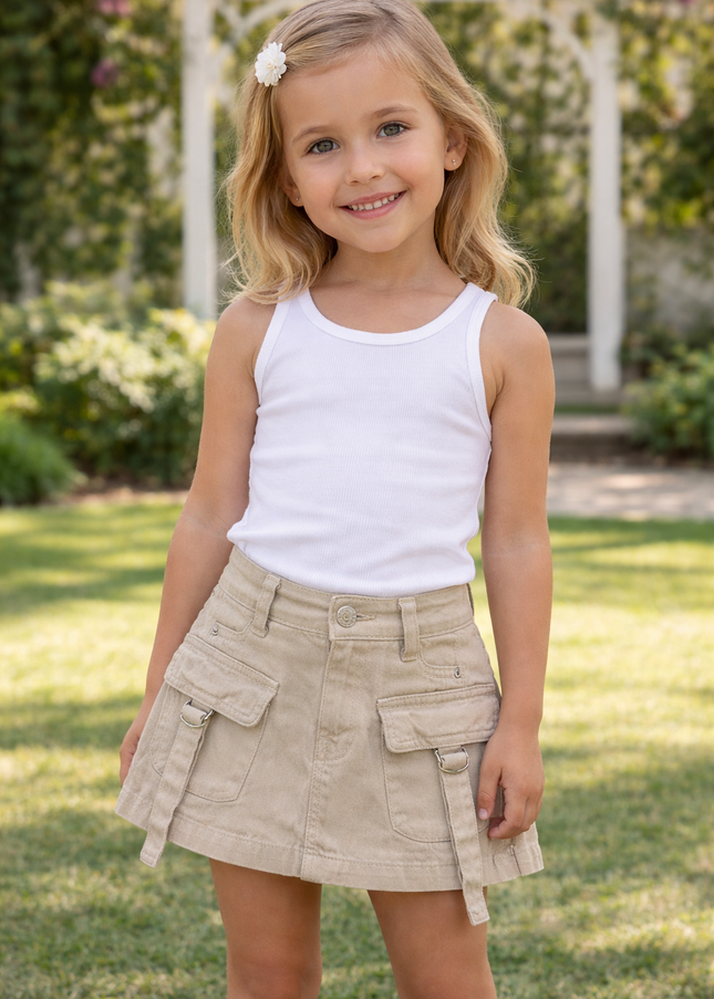 Girls Beige Cargo Skort with Belt Detail | A-Line Utility Skirt Shorts – He & She