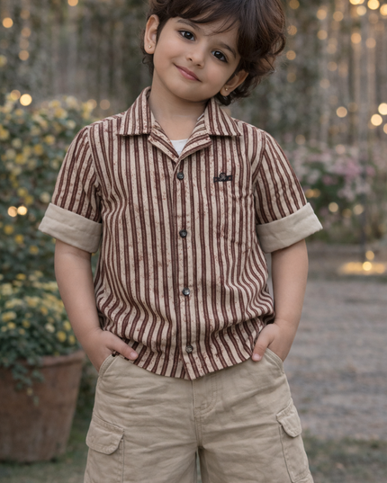 He & She Kids Brown Striped Cotton Shirt – Stylish Casual Boys Shirt
