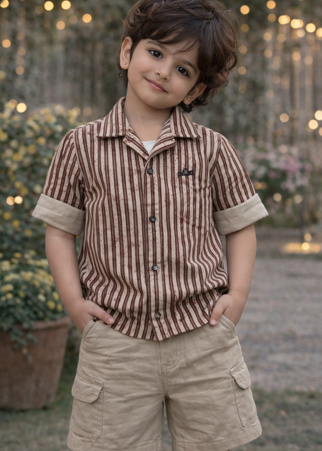 He & She Kids Brown Striped Cotton Shirt – Stylish Casual Boys Shirt