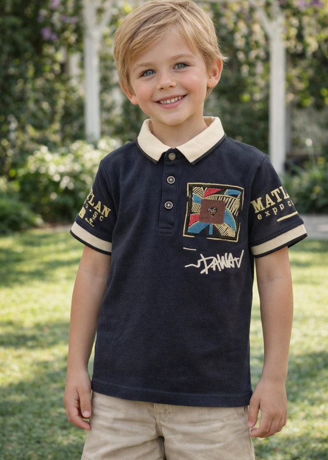 Boys Navy Blue Polo T-Shirt with Graphic Patch | Stylish Kids Collar Tee – He & She