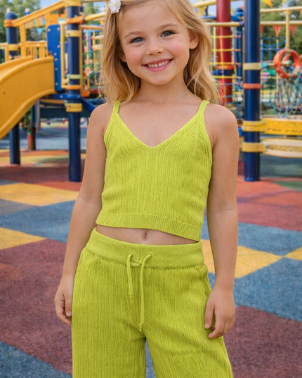 Girls Lime Green Ribbed Co-Ord Set | Crop Top & Pants Set for Kids – He & She