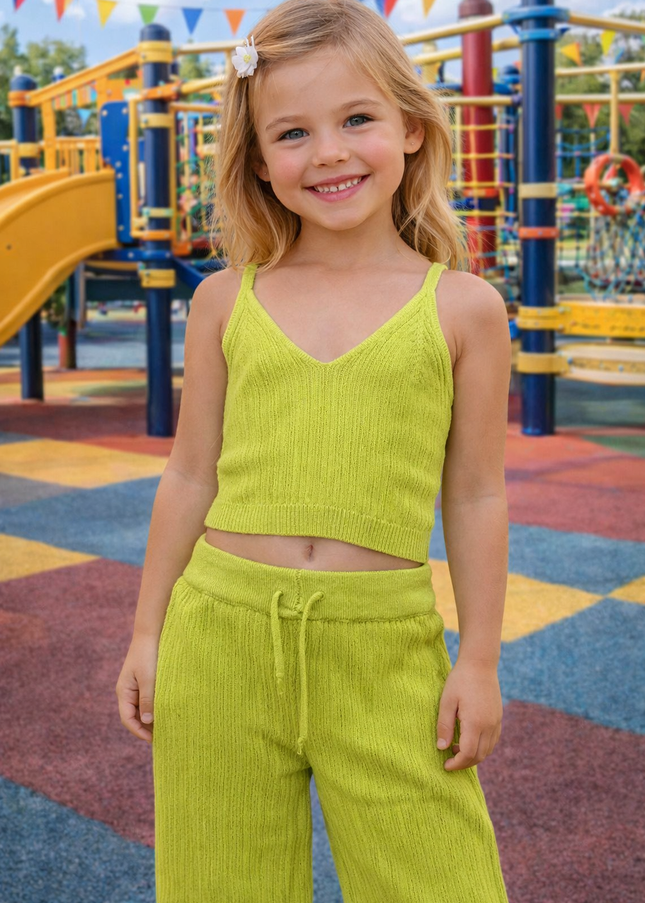 Girls Lime Green Ribbed Co-Ord Set | Crop Top & Pants Set for Kids – He & She