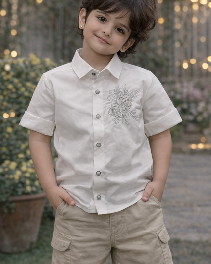 He & She Kids White Embroidered Cotton Shirt – Premium Party Wear Boys Shirt