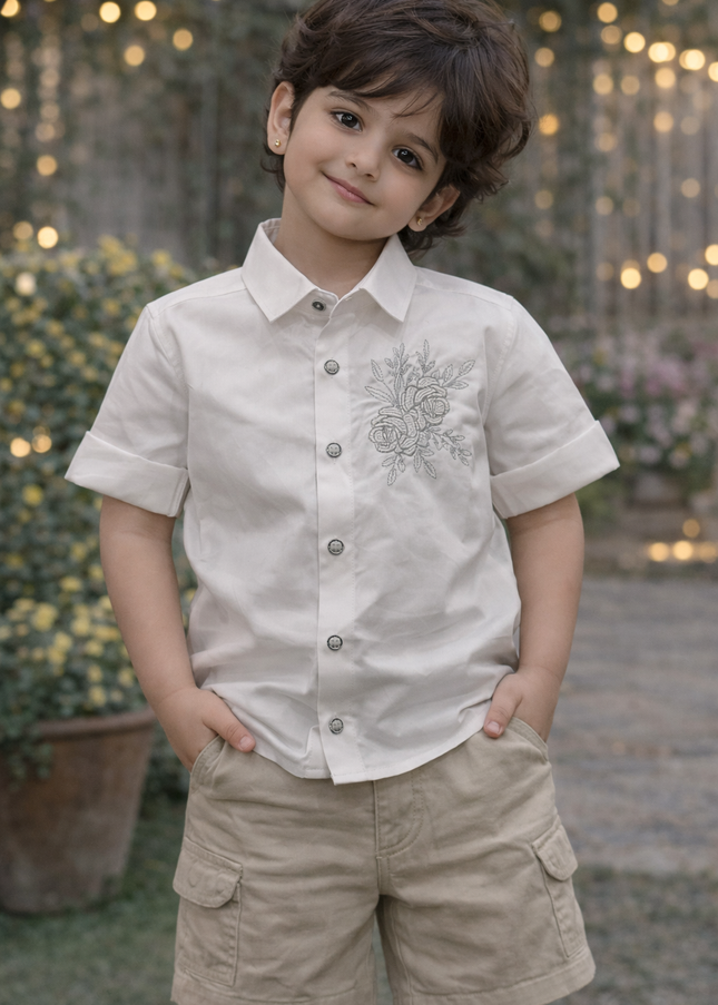 He & She Kids White Embroidered Cotton Shirt – Premium Party Wear Boys Shirt
