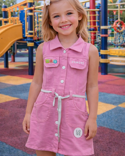 Girls Pink Denim Shirt Dress with Belt | He and She Kidswear