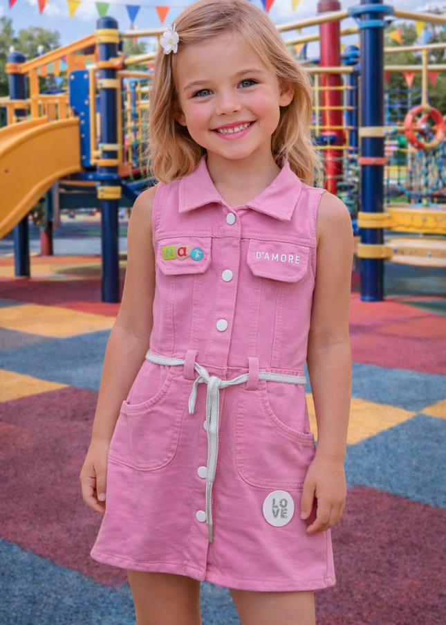 Girls Pink Denim Shirt Dress with Belt | He and She Kidswear