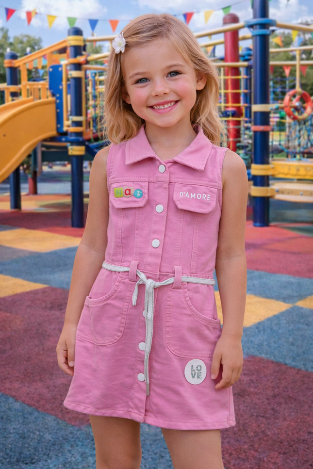 Girls Pink Denim Shirt Dress with Belt | He and She Kidswear