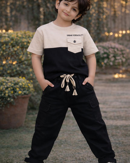 He & She Kids Black Cotton Pants with Drawstring – Comfortable Casual Boys & Girls Bottom Wear