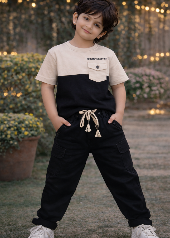 He & She Kids Black Cotton Pants with Drawstring – Comfortable Casual Boys & Girls Bottom Wear