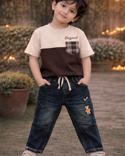 He & She Kids Blue Denim Jeans with Patch Detail – Stylish Casual Boys Bottom Wear