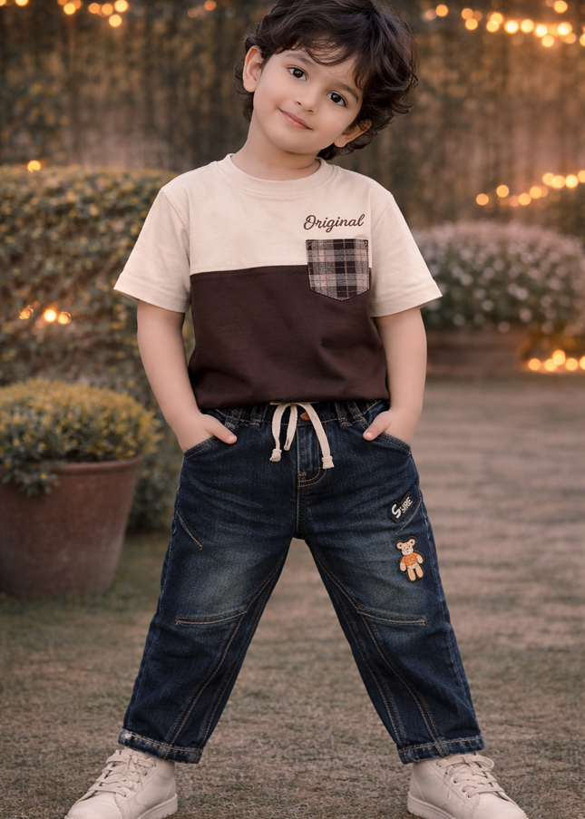 He & She Kids Blue Denim Jeans with Patch Detail – Stylish Casual Boys Bottom Wear