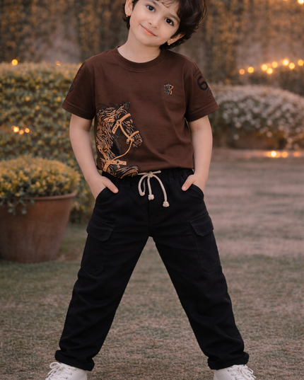 He & She Kids Brown Graphic Printed Cotton T-Shirt – Stylish Casual Boys & Girls Wear