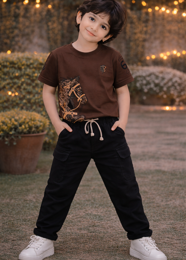 He & She Kids Brown Graphic Printed Cotton T-Shirt – Stylish Casual Boys & Girls Wear