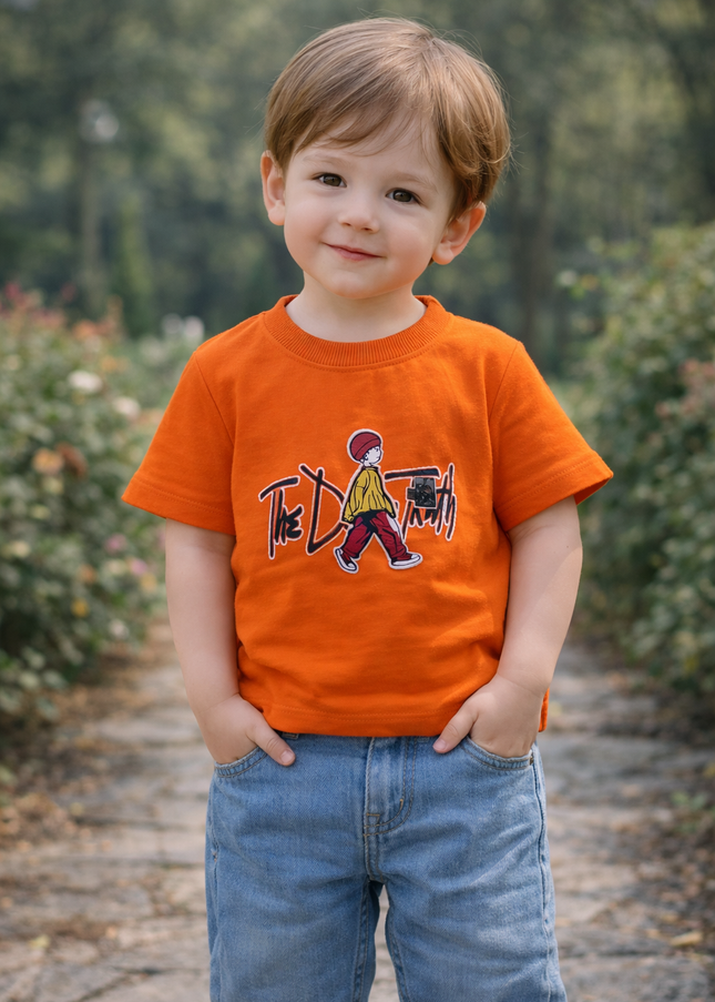 Boys Orange Graphic T-Shirt | Kids Casual Cotton Half Sleeve Tee