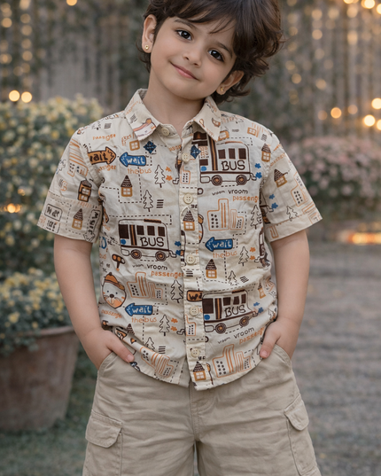 Boys Printed Casual Shirt with Bus & Cartoon Design | Kids Half Sleeve Cotton Shirt