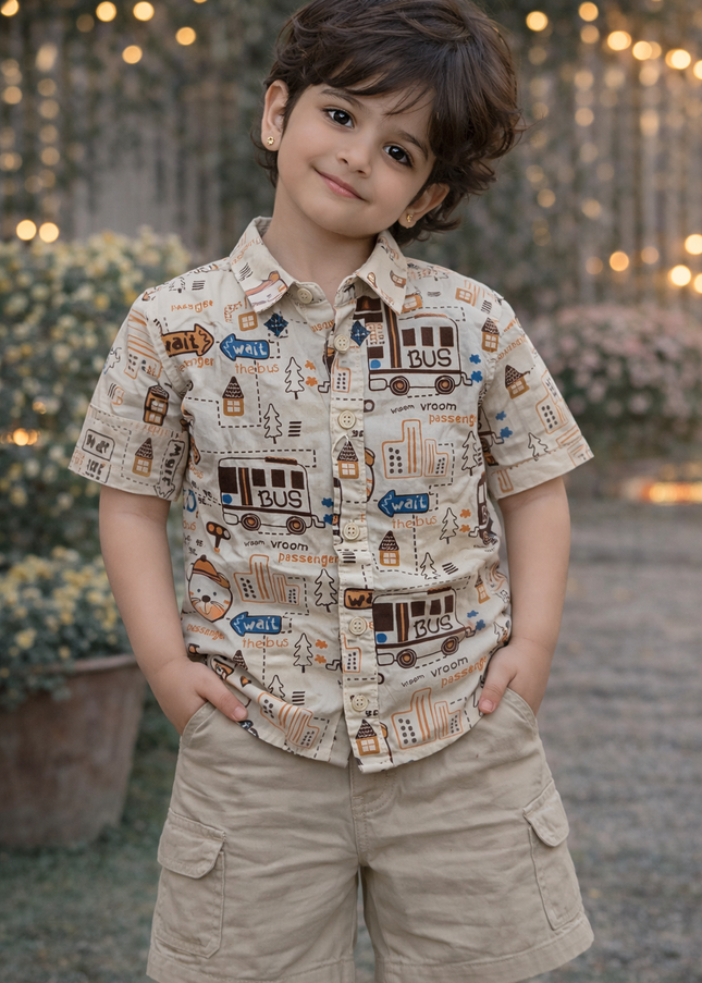 Boys Printed Casual Shirt with Bus & Cartoon Design | Kids Half Sleeve Cotton Shirt