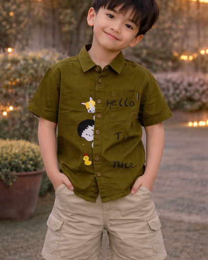 Boys Olive Green Printed Casual Shirt | Kids Cotton Half Sleeve Shirt with Cartoon Design