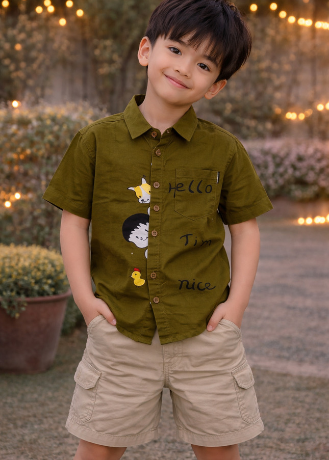 Boys Olive Green Printed Casual Shirt | Kids Cotton Half Sleeve Shirt with Cartoon Design