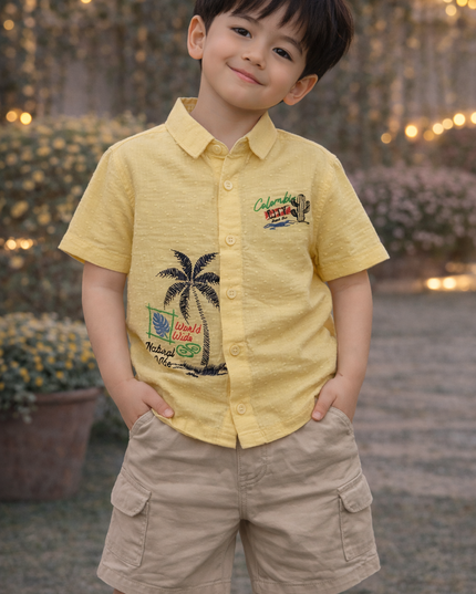 Boys Yellow Printed Casual Shirt | Kids Cotton Half Sleeve Shirt with Palm Tree Design