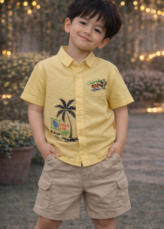 Boys Yellow Printed Casual Shirt | Kids Cotton Half Sleeve Shirt with Palm Tree Design