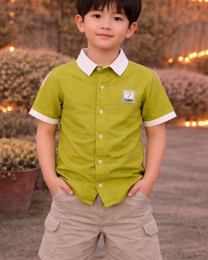Boys Olive Green Casual Shirt with White Collar | Kids Cotton Half Sleeve Smart Shirt