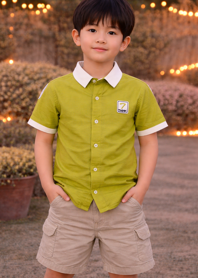 Boys Olive Green Casual Shirt with White Collar | Kids Cotton Half Sleeve Smart Shirt