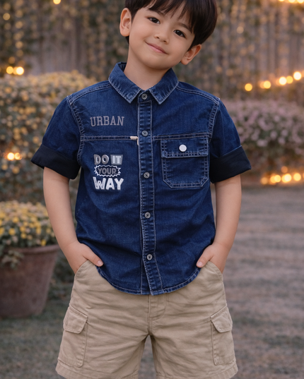 Boys Denim Shirt with Printed Design | Kids Casual Blue Cotton Denim Shirt