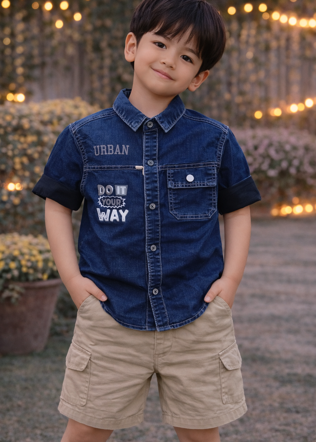 Boys Denim Shirt with Printed Design | Kids Casual Blue Cotton Denim Shirt