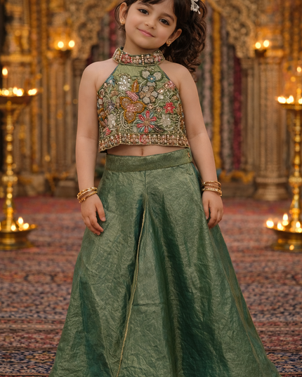 Girls Green Embroidered Top and Plazzo Set | Kids Party Wear Floral Designer Outfit