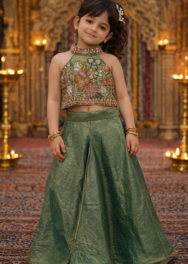 Girls Green Embroidered Top and Plazzo Set | Kids Party Wear Floral Designer Outfit