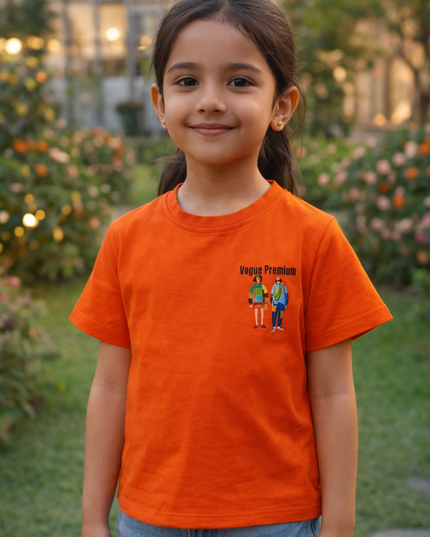 He & She Kids Orange Printed Cotton T-Shirt | Soft Casual Wear for Girls