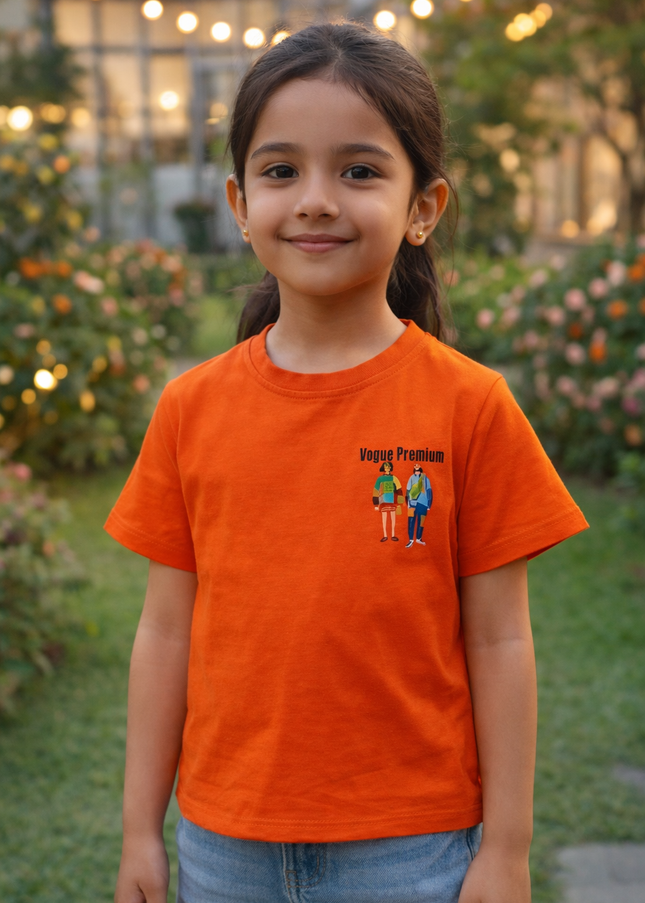 He & She Kids Orange Printed Cotton T-Shirt | Soft Casual Wear for Girls
