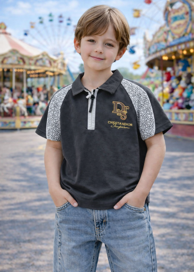 Boys Dark Grey Polo T-Shirt with Printed Sleeves – Premium Casual Wear | He and She