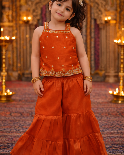 Girls Orange Mirror Work Top & Sharara Set | Kids Festive Party Wear Outfit