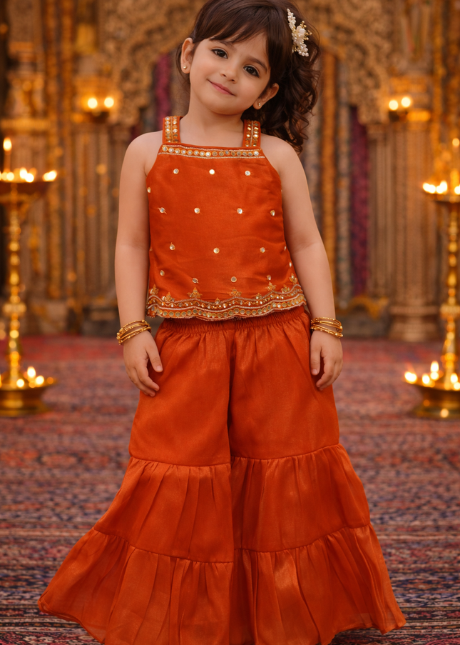 Girls Orange Mirror Work Top & Sharara Set | Kids Festive Party Wear Outfit
