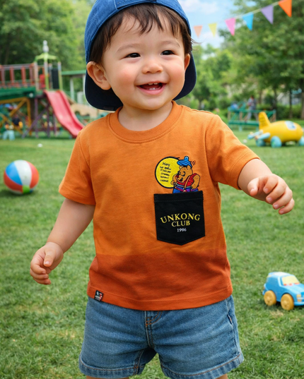 Boys Orange Cotton T-Shirt with Pocket Print | Comfortable Kids Casual Wear