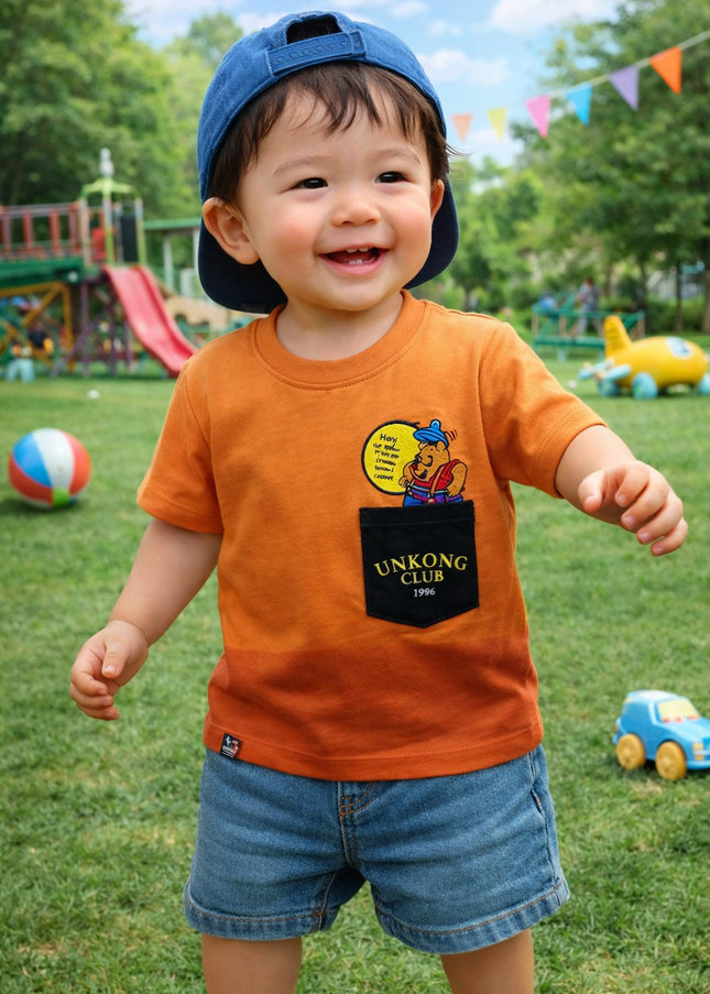 Boys Orange Cotton T-Shirt with Pocket Print | Comfortable Kids Casual Wear