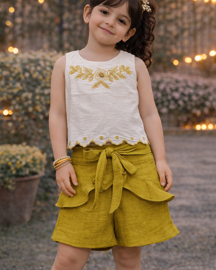 Girls White Embroidered Top & Mustard Shorts Set | Kids Summer Stylish Outfit