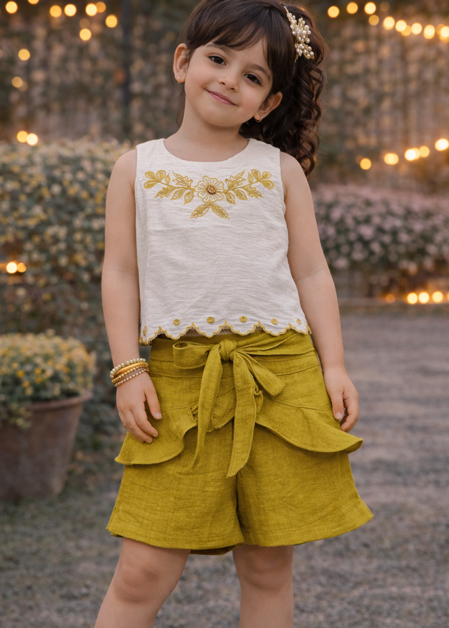 Girls White Embroidered Top & Mustard Shorts Set | Kids Summer Stylish Outfit